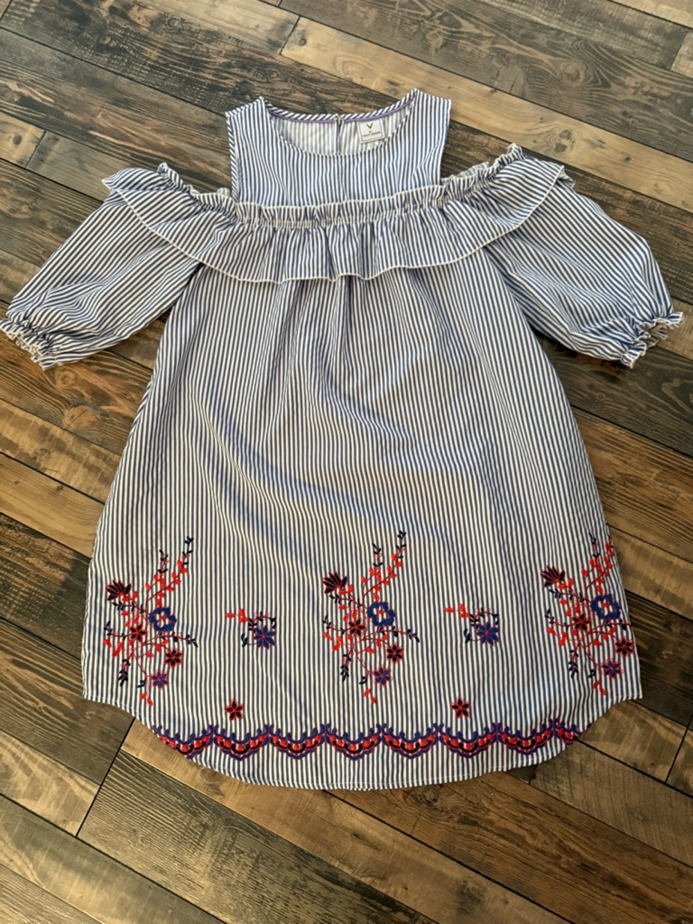 Blue Stripe Cold-Shoulder Embroidered Shirt Dress